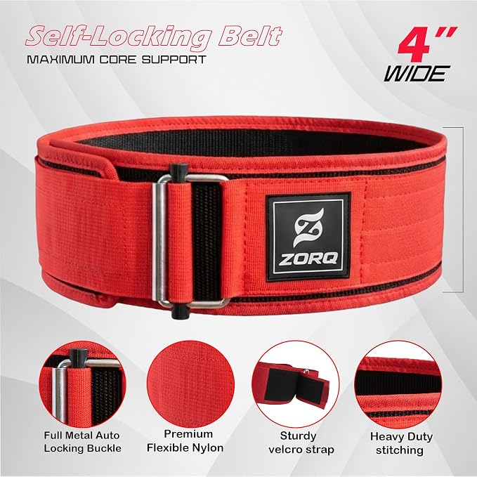 ZORQ Self-Locking Weight Lifting Belt - 4 Inch Wide Quick-Locking Gym Belt for Men & Women - Professional Weightlifting Belt for Olympic Lifting, CrossFit, Squats & Deadlifts - Back Support