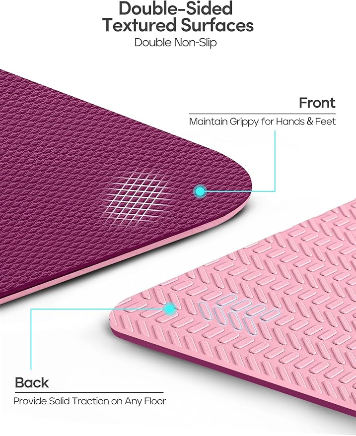 Heathyoga Yoga Mat Non Slip TPE Pilates Exercise Mats for Home Workout Gym Fitness Eco Friendly Thick Hot Yoga Mat with Strap Body Alignment,72"x 26" Thickness 1/4"