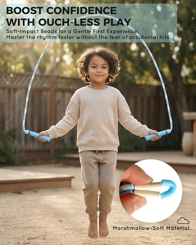 YUEDONG Ultra-Soft Beaded Jump Rope with Tangle-Free TPU Beads for Kids | Soft TPU beads, thumb-groove grip, rhythmic click sound, waterproof name tag, carry bag, for kids at school and outdoors