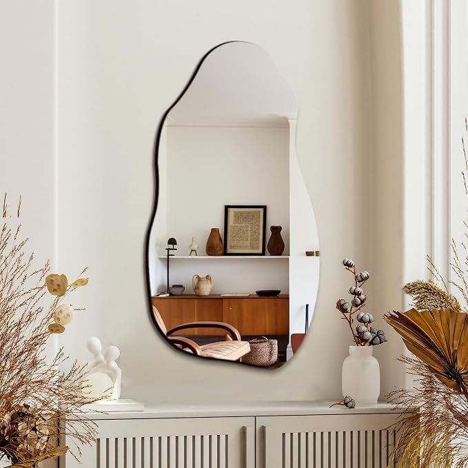TRAHOME 32'' x 18'' Irregular Asymmetrical Wall Mirror | HD Tempered Glass, Wall Mounted, Modern Decorative Mirror for Living Room Bathroom Entryway