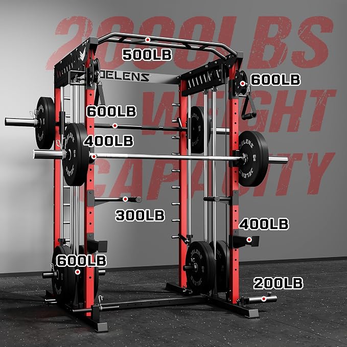 JELENS M21 Smith Machine, Multi-Function Power Cage with Dual Pulley Cable Crossover System, 2000LBS All-in-One Squat Rack with Smith Bar and Attachments for Home Gym
