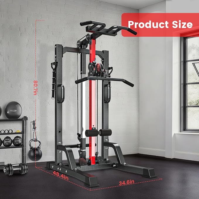 Pull Up Bar Power Tower Dip Station with Cable Machine, 450LB Home Gym | Pull up bar, dip station and 16-position cable system for pull ups, dips, lat pulldowns, rows and full-body training