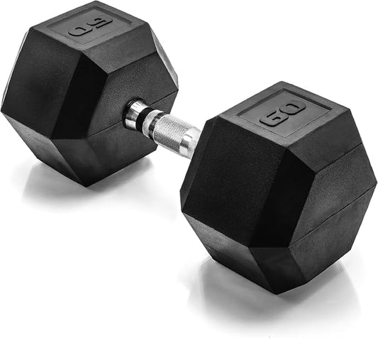 CAP Rubber Coated Dumbbell Weights, Free Weights for Home Gym Strength Training, Anti-Roll Hex Dumbbells with Black, Chrome & Comfort Grip Handles, Singles