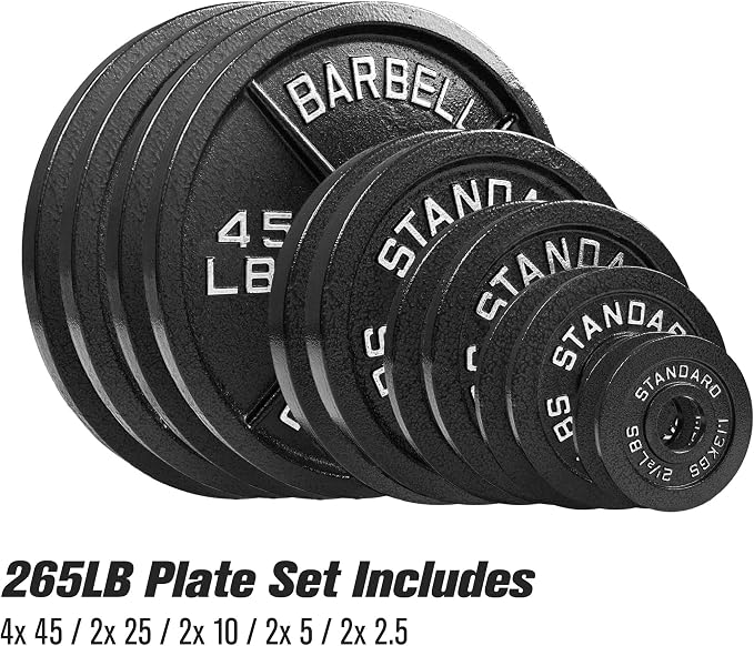 Steel Olympic Plates 265lb Set - Olympic Standard Premium Coated 2.5lb, 5lb, 10lb, 25lb, and 2x 45lb Pairs for Weight Lifting Powerlifting