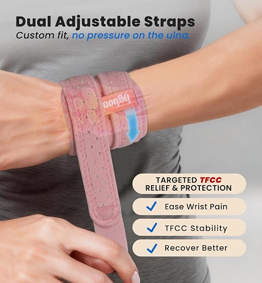 2-Pack TFCC Wrist Brace Support for Ulnar Pain, Carpal Tunnel & Tendinitis Relief, Dual Adjustable Straps Wrist Wrap, Breathable Comfortable Wrist Brace for Sports, Work & Daily Use (Pink)