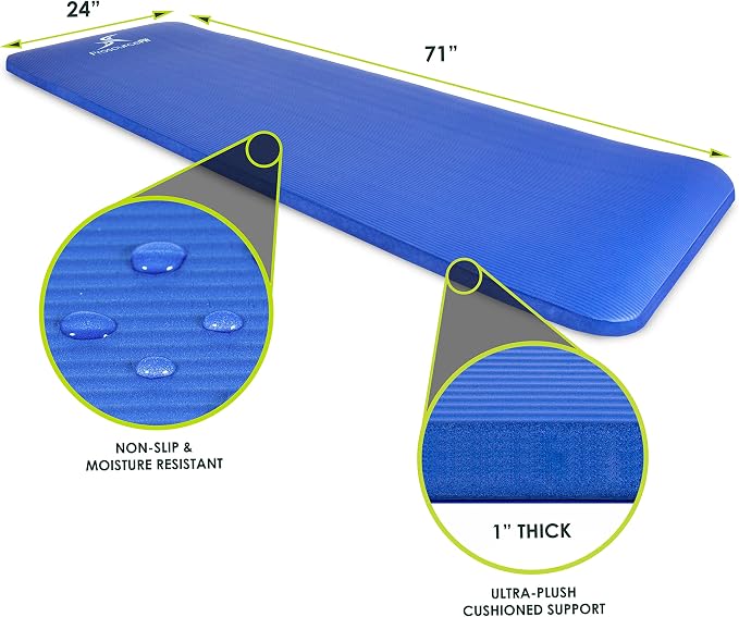 ProsourceFit Extra Thick Yoga and Pilates Mat 1/2” (13mm) or 1" (25mm), 71-inch Long High Density Exercise Mat with Comfort Foam and Carrying Strap