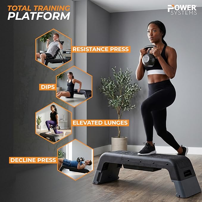 Power Systems Step Bench & Weight Bench | Aerobic Platform & Plyo Box for Cardio, Strength | Commercial Grade Full Body Home Gym Stepper | Adjustable Multifunctional Deck & Resistance Band Clips