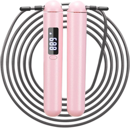 ACHDOFITS Jump Rope with Smart Counter for Adults | Tangle-free Steel Core, 170g. Fits 5'-6'5". 4 Modes: Beginner-HIIT. Rechargeable. For Women & Men. Tracks Calories & Jumps.