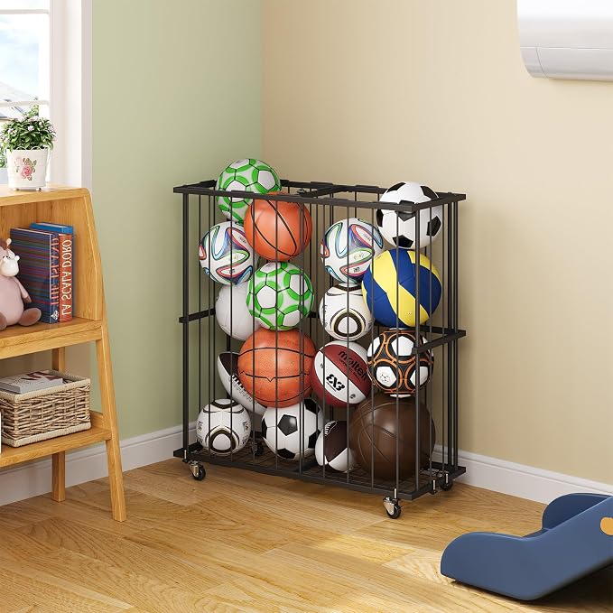 Large Capacity Garage Ball Storage- [Hold 16-20 Balls]: Rolling Sports Equipment Organizer Cart with Elastic Rope, Ball Rack with Wheels for Basketball, Soccer, Football, Indoor/Outdoor, Black