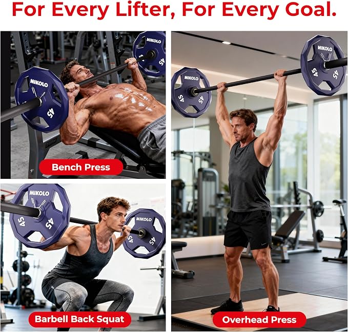 Mikolo Olympic Weights Set 2-Inch Rubber Coated Plates, 12-Sided Non-Roll Weight Plates Grip with 3 Handles for Home Gym, Strength Training, Single, Pair and Sets(5/10/15/25/35/45 LB)