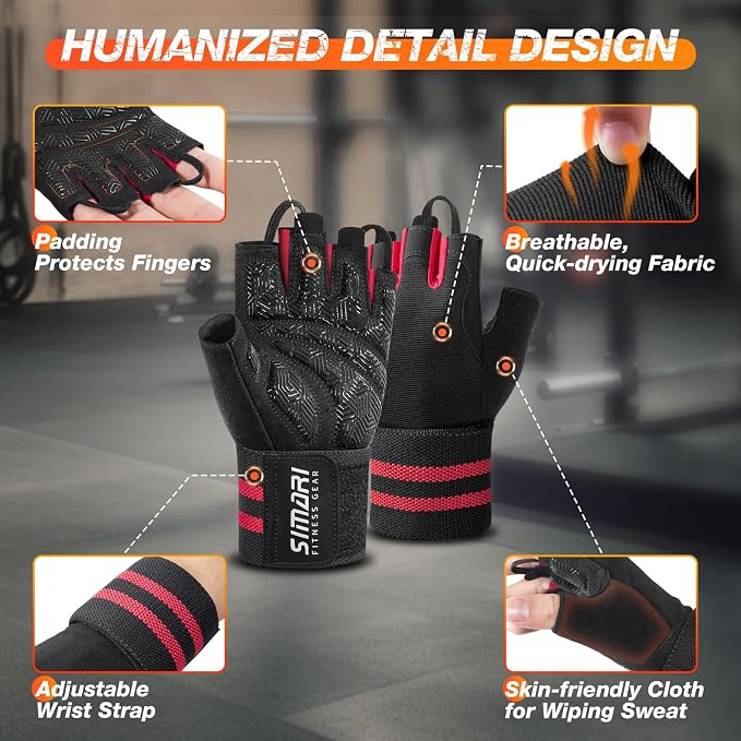 SIMARI Workout Gym Gloves for Men Women, Weight Lifting Gloves with Wrist Wrap Support, SBR Pad Grip for Full Palm Protection, for Exercise, Fitness, Dumbbells, Barbell, Climbing, Fingerless