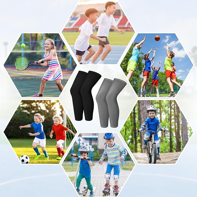 Geyoga 2 Pairs Kids Long Compression Leg Sleeves Long Knee Sleeves UV Protection for Boy Girl Youth Basketball Running Sport