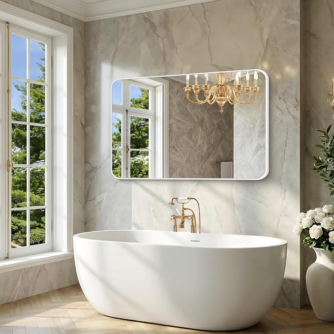 BONEWEI White Bathroom Mirror,55x36 inch Wall Mirror for Bathroom Wall Mounted,Rectangle Mirror for Bathroom Over Sink,Modern Frame Round Corner for Living Room,Bedroom Entryway,Horizontal/Vertical