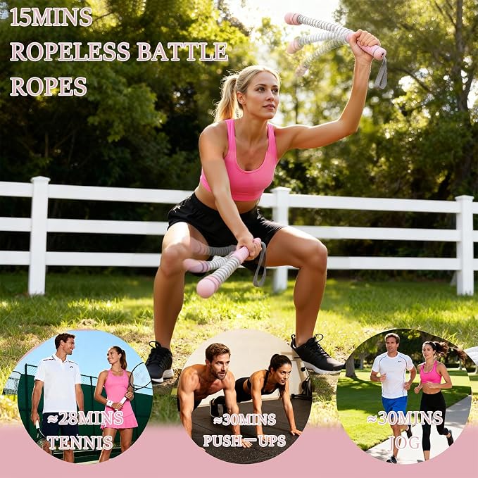 Ropeless Battle Ropes for Exercise Workout Rope, Portable Workout for Home Gym, Exercise Battle Ropes for HIIT Workouts, Low-Impact Cardio Training (Pink with Ring)