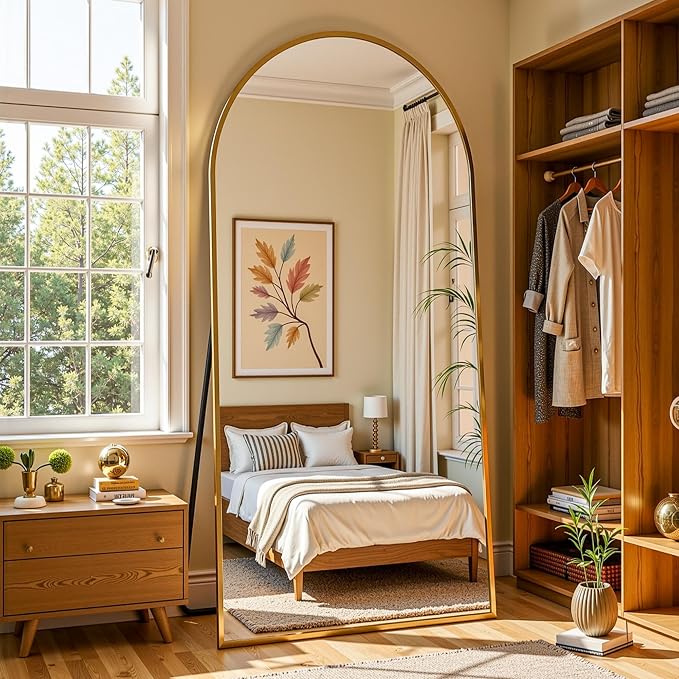 Full Length Mirror, 72"x32" Arched Full Body Mirror, Oversized Floor Mirrors, Leaning Free Standing Mirrors, Hanging Mounted Large Mirrors for Bedroom Dressing Room, Cloakroom, Gold