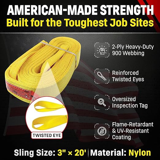 DD Sling 3 Inch x 20 Foot Nylon Lifting Sling – USA Made, 8,900 lb Vertical, 7,200 lb Choker, 17,800 lb Basket – 2-Ply Heavy Duty 900 Webbing, Type 4 Twisted Eye & Eye Rigging Sling
