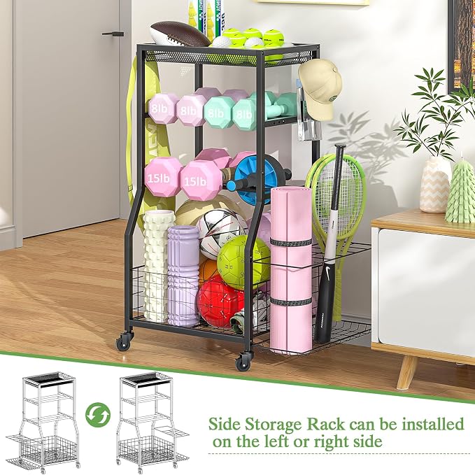 Home Gym Storage Rack, Dumbbell Rack with Yoga Mat Storage, Weight Rack Stand with Lockable Wheels and Hooks, Home Workout Equipment Organizer for Yoga, Dumbbell, Kettlebells, Ball Storage