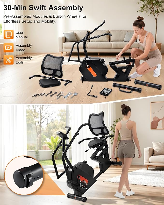 Kawnina Recumbent Exercise Bike for Home with Arm Exerciser, 420 lbs | Heavy-duty stationary bike with ergonomic mesh backrest, adjustable seat rail, arm exerciser & 16-level magnetic resistance.