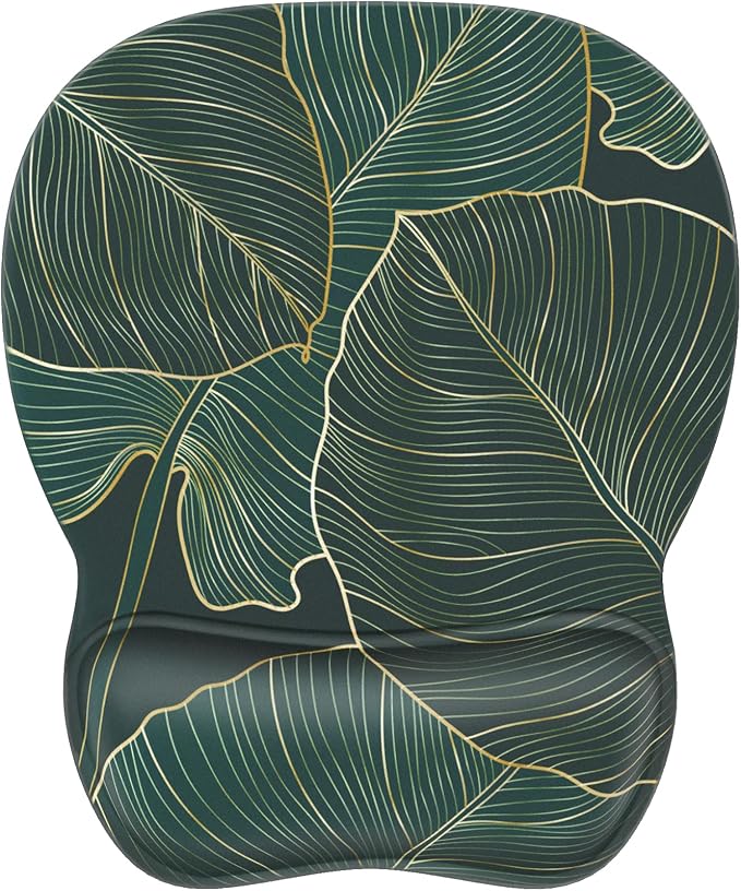 MROCO Ergonomic Mouse Pad with Gel Wrist Rest, 9.4 x 8.1 in, Green Leaves | Ergonomic Shape Design, Multiple Pattern Options, Gel Wrist Comfort, Smooth Lycra Surface, Non-Slip PU Base