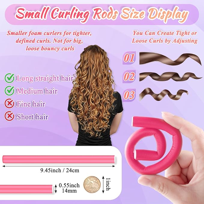 Selizo 30Pcs 9.45"x0.55" Flexible Hair Rollers, Foam Curlers for Short, Medium and Long Hair, No Heat Curlers, Hair Rods - Pink(Diameter 0.55')