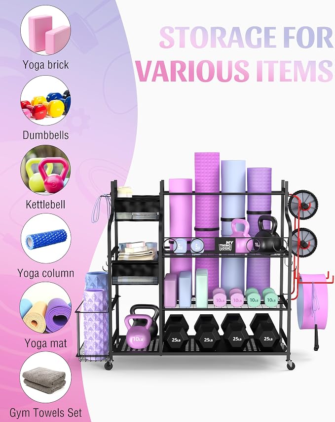 Mythinglogic Home Gym Storage Rack with Wheels for Dumbbells and Yoga Mats | Versatile storage with shelves, hooks and side holders for kettlebells, foam rollers, bands, weight plates and gym gear