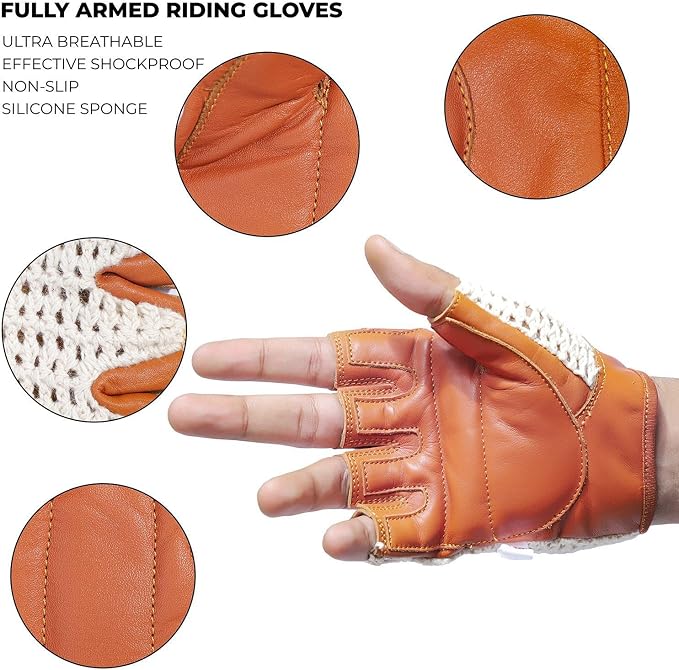 Retro Leather Crochet Cycling Gloves - Classic Tan