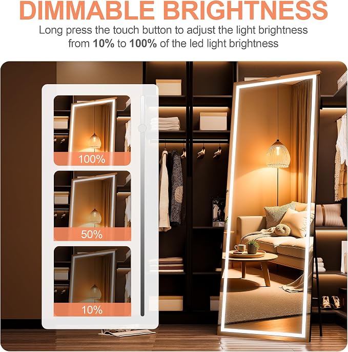 Full Length Mirror with Lights, 56" x 16" LED Lighted Floor Standing Body Mirror, Dimmable & 3 Color Lighting for Bedroom, Cloakroom, Dressing Room, Tempered Glass, Square Black