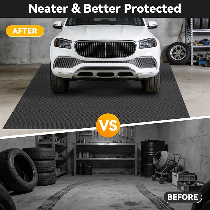 8x25 FT Garage Floor Mat, 2.8mm Thickened Flooring Roll for Under Car Diamond Plate PVC Rubber Mat with 20 Pcs Tapes, Non-Slip Floor Mat for Garage, Warehouse, Gyms, Trailer, Black