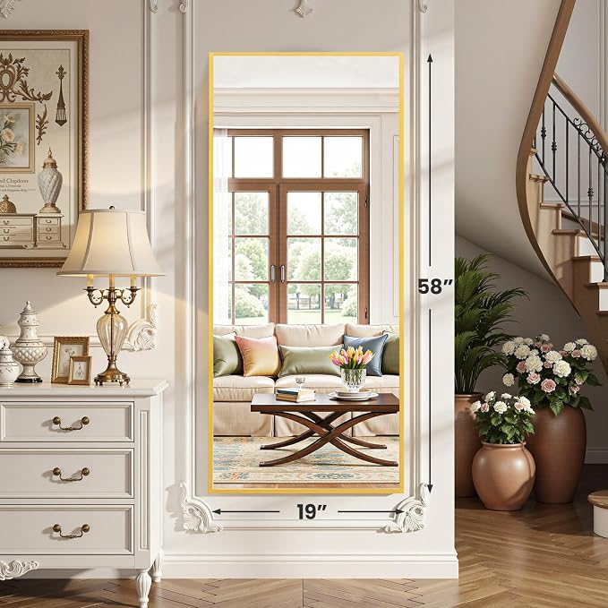 OLIXIS Full Length Mirror with Stand, Full Body Mirror, 58x19 | Hanging or Leaning Wall, Aluminum Alloy Thin Frame, Floor Living Room Bedroom, Long, Gold