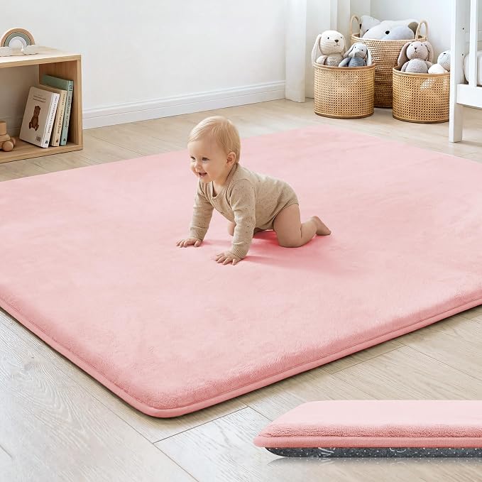 1.3" Thick Baby Floor Play Mat 59x79 Padded Foam Kids Play Mat Pink | Memory Mat for Baby to Play, Waterproof Easy Care with Non-Slip Tummy Time Play Mat for Nursery Playroom Classroom
