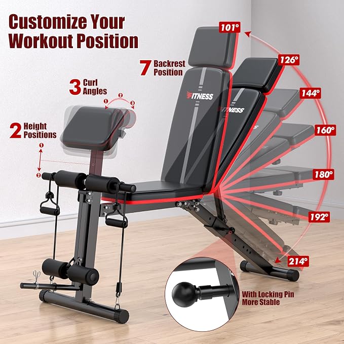 XDDIAS Adjustable Weight Bench, Workout Bench with Leg Extension and Preacher Curl Pad, Weight Bench for Home Gym, Foldable Exercise Bench, Quick Adjustment Incline Bench Press