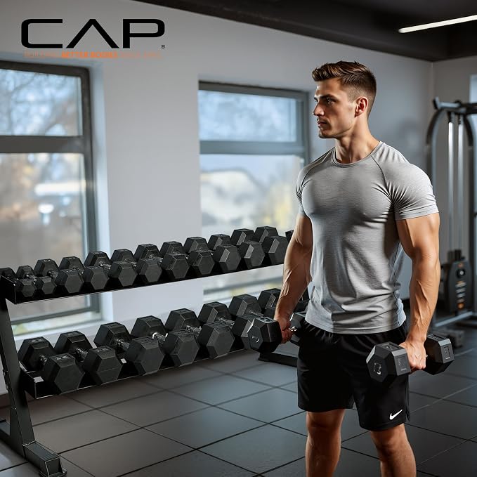 CAP 280 LB, 550 LB, 1200 LB Dumbbell Set with Horizontal 2-3 Tier Rack, Rubber Hex Free Weights, Home Gym Weight Set for Strength Training