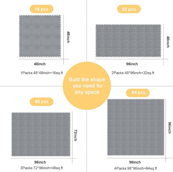 Foam Floor Tiles Foam Floor Mats Play Mats Bulk with Borders Interlocking for Bedroom Gym Nursery(11.8 x 11.8 Inch,Gray)