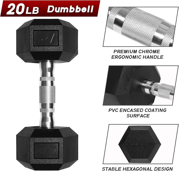 RitFit 5-650 LBS PVC Hex Dumbbell Sets with Optional Rack for Home Gym | PVC Coated Anti-Roll Hex Design, Chrome Handle with Ergonomic Grip, Full Body Strength Training with Optional Rack