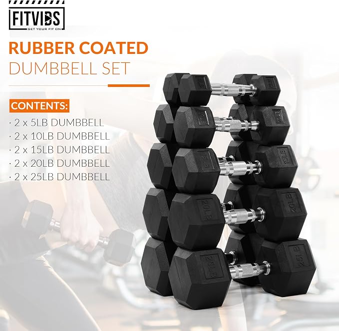Fitvids Rubber Encased Hex Dumbbell Set Contoured Handle for Muscle Toning, Strength Building & Full Body Workout, 60LB, 100LB, 150LB and 550LB Set