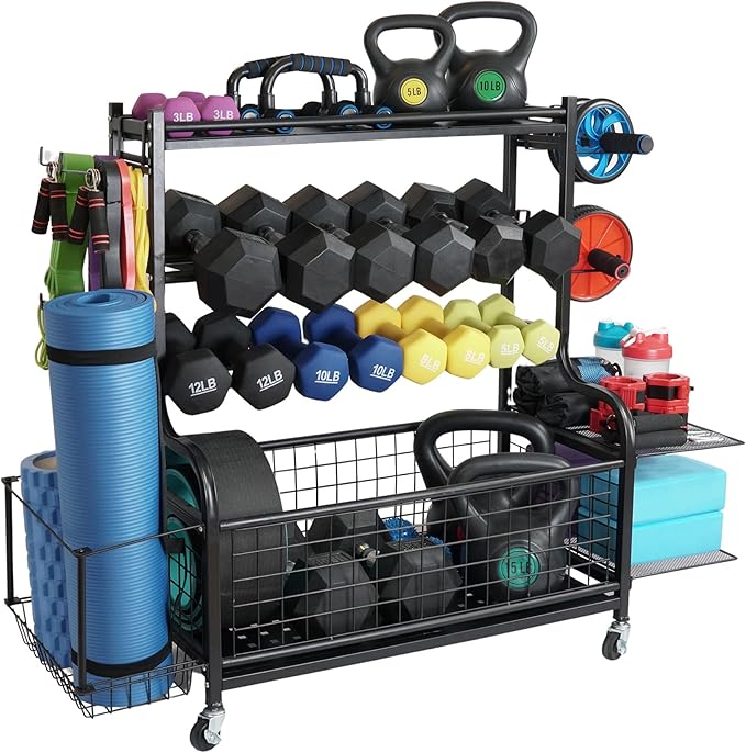 STUFFSTASH Dumbbell Rack for Home Gym, Heavy Duty Weight Rack for Dumbbells, Adjustable Dumbbell Stand with Storage, 700LB Capacity Gym Equipment Organizer with Wheels