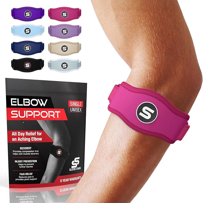 Sleeve Stars Tennis Elbow Brace for Men & Women, Elbow Brace for Tendonitis, Tennis Elbow Strap, Golfers Elbow Brace, Elbow Support Wrap for Tennis Elbow Relief, Fits 9"-23" (Single/Hot Pink)