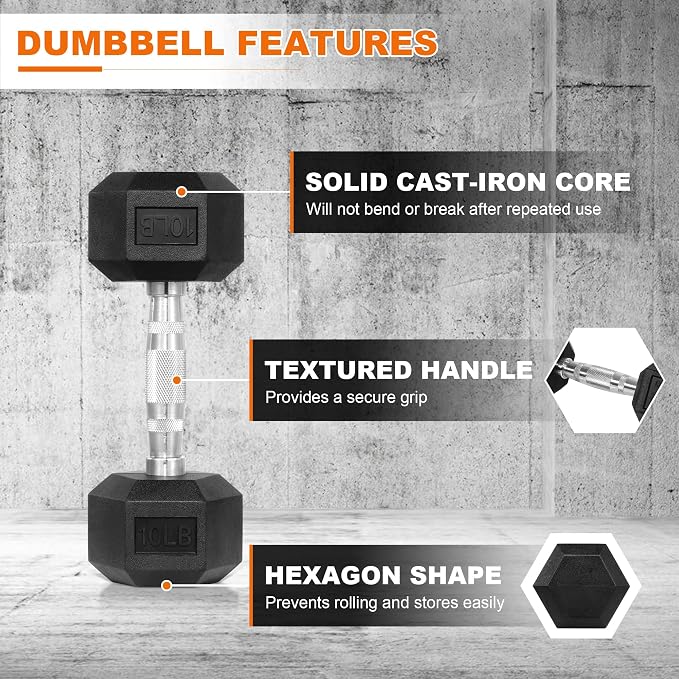 Fitvids Rubber Encased Hex Dumbbell Set Contoured Handle for Muscle Toning, Strength Building & Full Body Workout, 60LB, 100LB, 150LB and 550LB Set