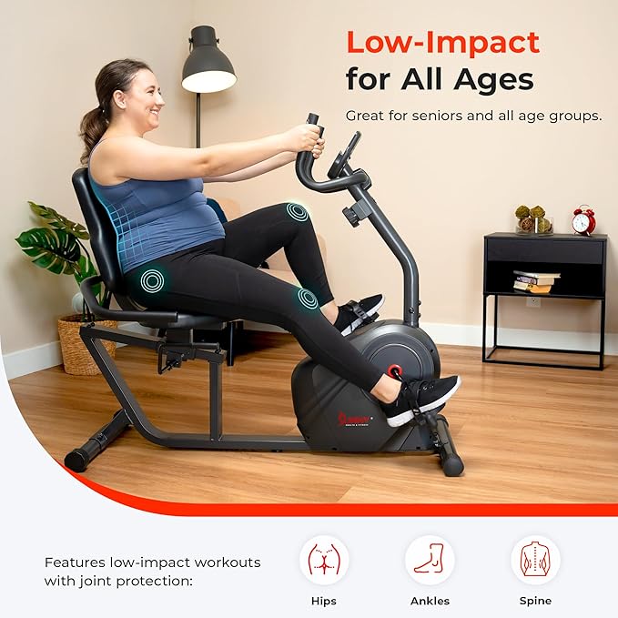 Sunny Health & Fitness Smart Recumbent Bike, Wide Cushioned Seat & Back, Indoor Cycling Machine for Adult/Seniors Home Exercise, Free SunnyFit App Connection
