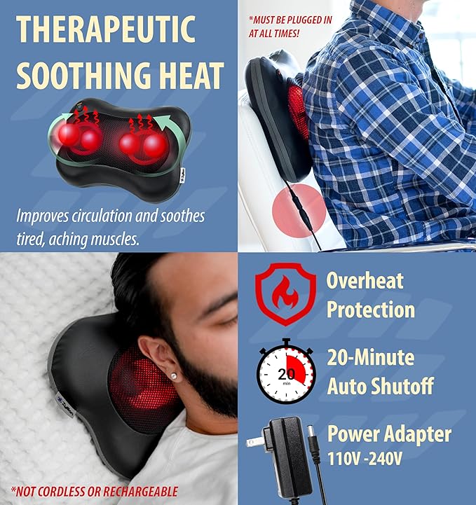 Zyllion ZMA-13 Back and Neck Massager with Heat for Pain Relief, Black | Shiatsu, Deep Tissue, 3D, Electric, Kneading, Massage Pillow, Muscle Therapy, Doctor Recommended, Car Adapter, Not Cordless