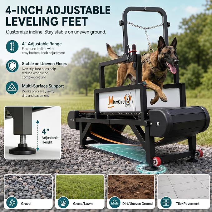 Dog Treadmill with Pin-Hinged Track & 3-Layer Shock Absorption | Waterproof dirt-resistant slats, secure disc brake lock, speed monitor, quiet wheels for indoor outdoor large pet cardio.