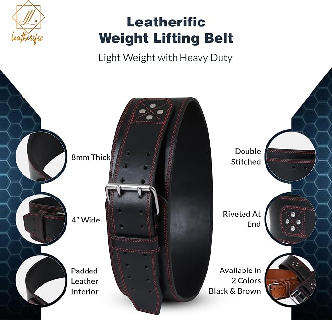 Premium Leather Weight Lifting Belt for Men & Women - 8MM Thick, 4" Wide, Heavy Duty Gym Belt with Steel Buckle for Weightlifting, Powerlifting, Strength Training, Squat or Deadlift Workout, Lower Back Support