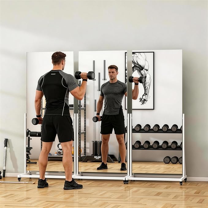 65" x 18" Full Length Rolling Mirror on Wheels for Home Gym, 360° Rotate | Tempered glass & metal frame, 360° rotation, standing holder included, ideal for bedroom, dance studio, fitness training
