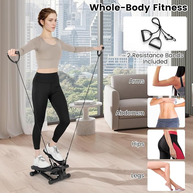 GYMAX Steppers for Exercise at Home, Hydraulic Mini Stair Stepper with Resistance Bands & LCD Monitor, Portable Under Desk Cardio Equipment Step Machine for Home Gym