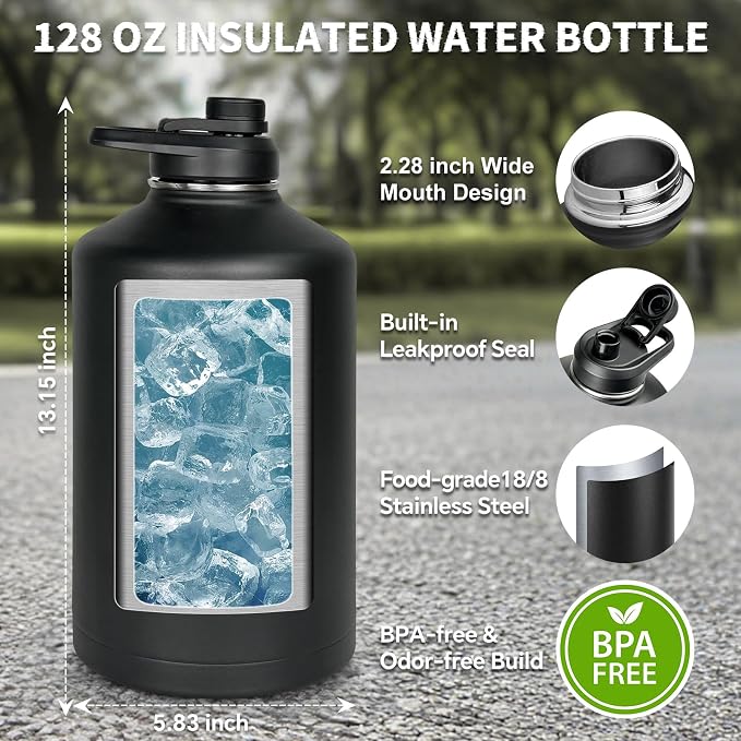 DEFUNX 1 Gallon Water Bottle Insulated with Sleeve - Tactical 128 oz Stainless Steel Water Jug with MOLLE Water Bottle Pouch, Large Gym Water Bottles for Men Hiking Workout (Black Camo)
