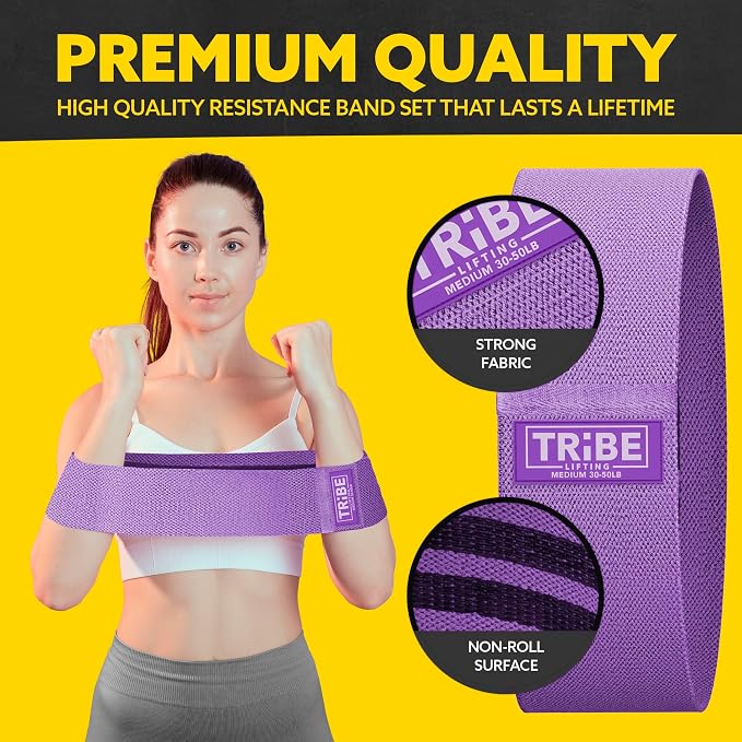 Fabric Resistance Bands for Working Out, 3-Pack for Legs and Glutes | Booty bands for women and men, non-slip grip, 3 resistance levels, for squats, lunges, hip thigh training, glute activation