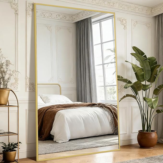 Mirrorons 82"x44" Oversized Full Length Mirror, Floor Standing or Wall Mounted with Hanging Kit, Shatterproof Tempered Glass Mirror for Living Room, Bedroom, Dressing Room, Gym (Gold)