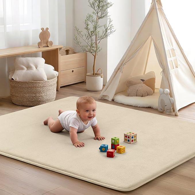 Baby Play Mat for Floor,Ultra Thick Elastic Foam 79"x110" Playmat Tummy Time Muscle Crawling Exercise Activity Cushion Gym Mat Nursery Playroom Area Kids Rug for Babies, Toddlers,Infants,Beige