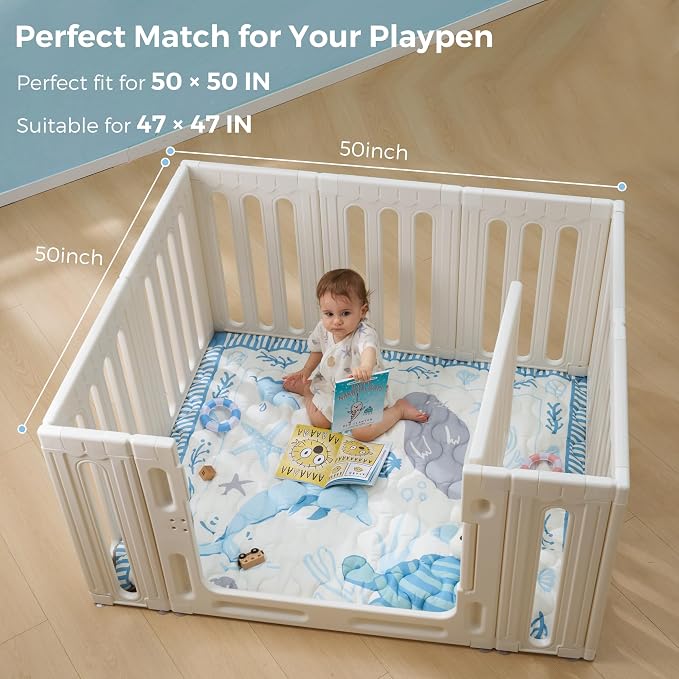 Momcozy Baby Play Mat for Floor, 50"x50" Thickened Playpen Mat | Playmate for Baby Tummy Time, Waterproof & Non-Slip, Foldable Outdoor Mat with Carrying Handle, Ocean Parade