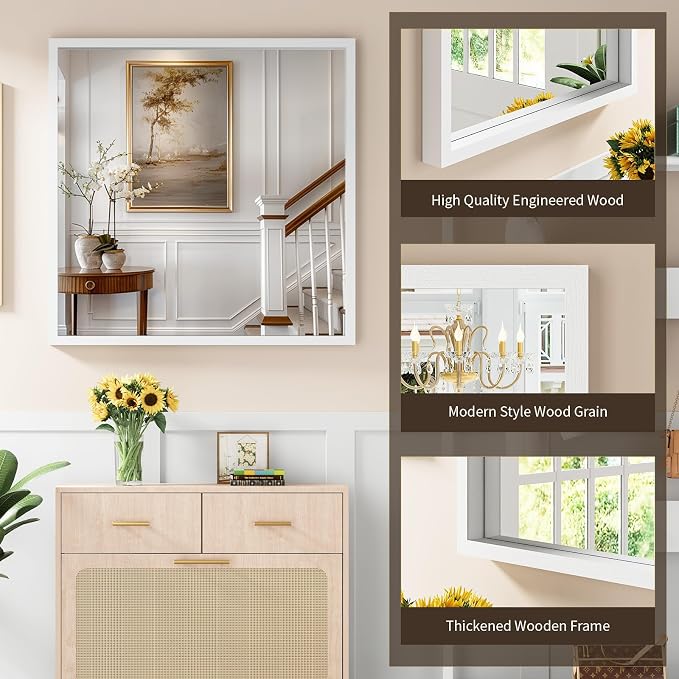 Syndra Square White Wood Frame Bathroom Mirror, 32''x32'' Modern Vanity Mirror for Wall, Waterproof Slim Deep Frame, HD Tempered Glass Mirror for Living Room, Bedroom, Entryway, Rustic, Farmhouse